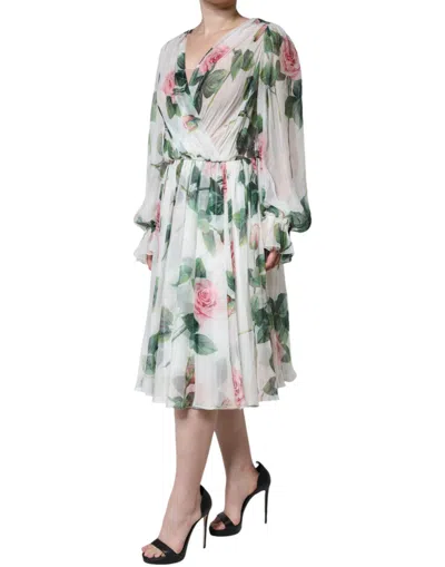 Dolce & Gabbana White Silk Floral Print A-line Midi Dress In White
