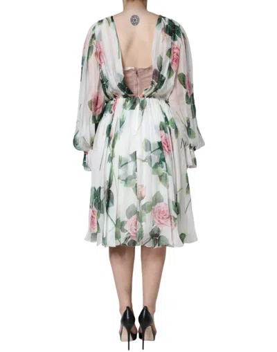 Dolce & Gabbana White Silk Floral Print A-line Midi Dress In White
