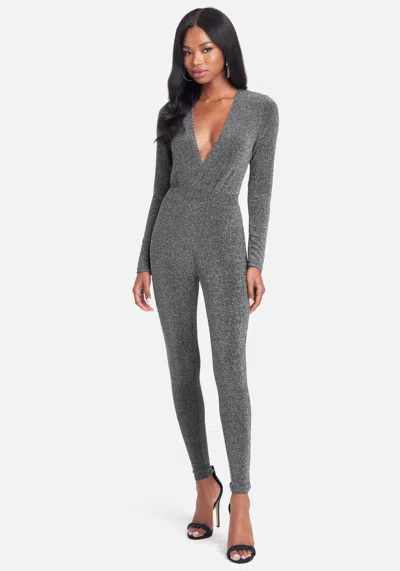 Bebe Plunge Neck Sparkle Catsuit In Gunmetal