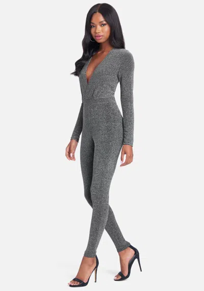 Bebe Plunge Neck Sparkle Catsuit In Gunmetal
