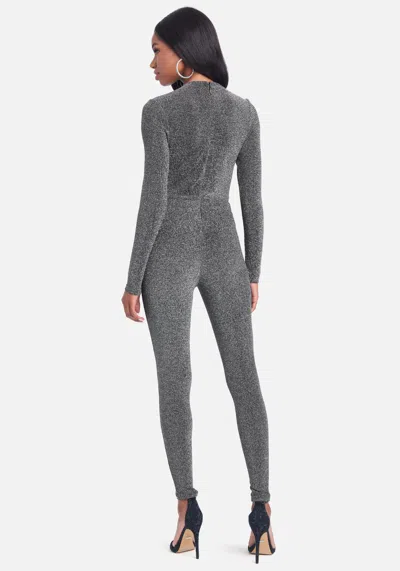 Bebe Plunge Neck Sparkle Catsuit In Gunmetal