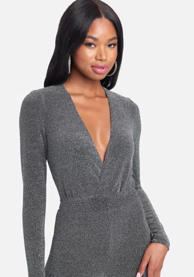 Bebe Plunge Neck Sparkle Catsuit In Gunmetal