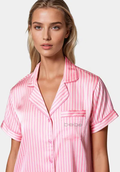 Bebe Notch Collar Silky Satin Sets In Aurora Pink