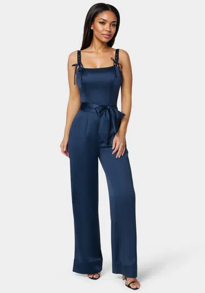 Bebe Luxe Satin Ultra Wide Leg Jumpsuit In Navy Iris