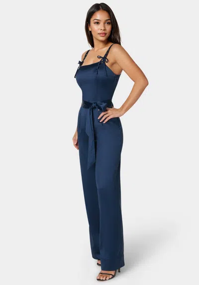 Bebe Luxe Satin Ultra Wide Leg Jumpsuit In Navy Iris