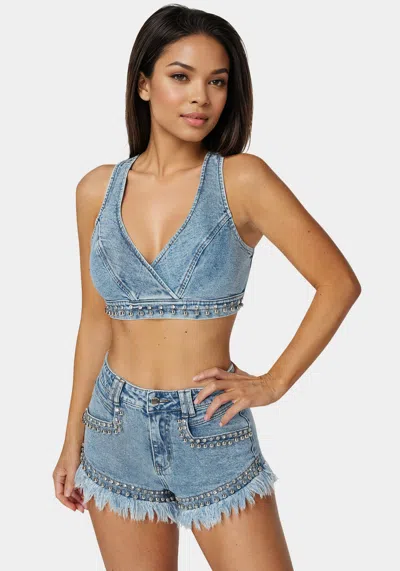 Bebe Studded Denim Top In Silver Lake Wash