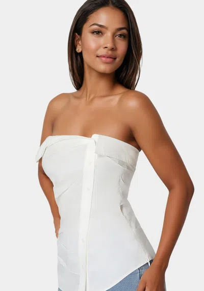 Bebe Ruched Asymmetric Top In White Alyssum