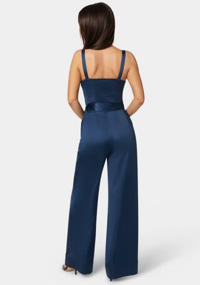 Bebe Luxe Satin Ultra Wide Leg Jumpsuit In Navy Iris