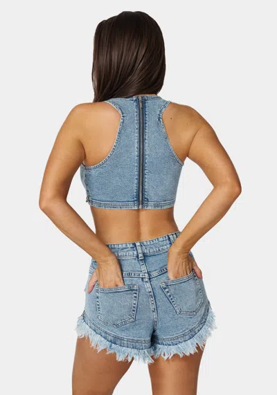 Bebe Studded Denim Top In Silver Lake Wash