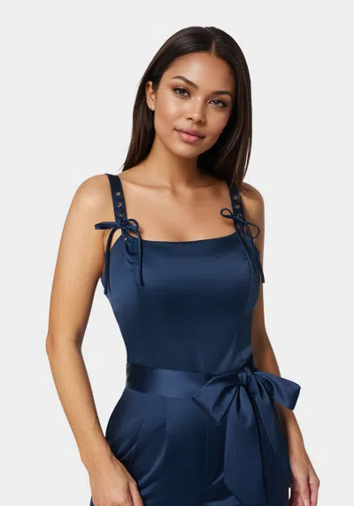 Bebe Luxe Satin Ultra Wide Leg Jumpsuit In Navy Iris