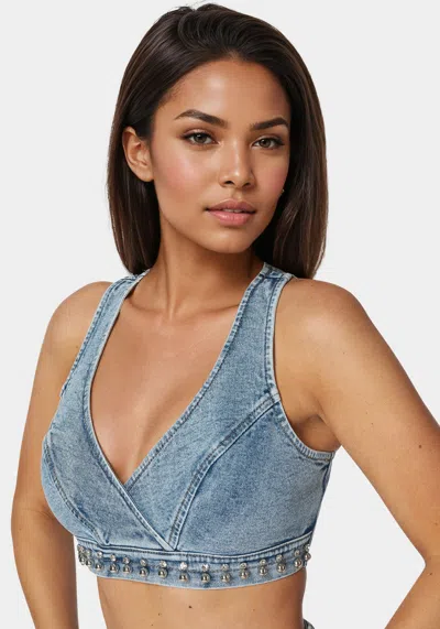 Bebe Studded Denim Top In Silver Lake Wash