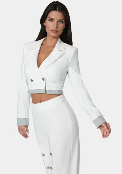 Bebe Cropped Eyelet Blazer In White Alyssum,grey Melange