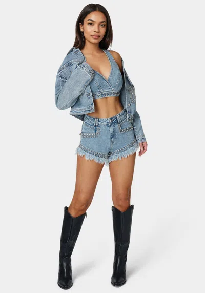 Bebe Studded Denim Top In Silver Lake Wash