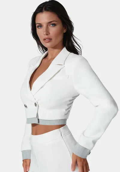 Bebe Cropped Eyelet Blazer In White Alyssum,grey Melange