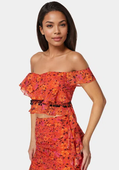 Bebe Ruffle Fringe Top In Vibrant Desert Flowers Print