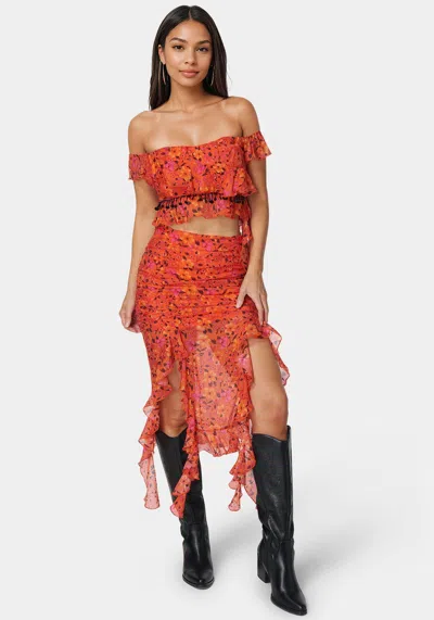 Bebe Ruffle Fringe Top In Vibrant Desert Flowers Print