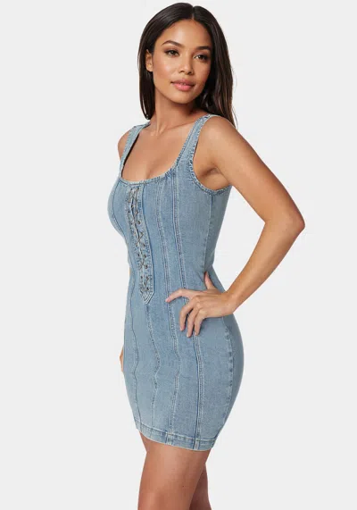 Bebe Fitted Lace Up Denim Dress In Chiara Blue Wash