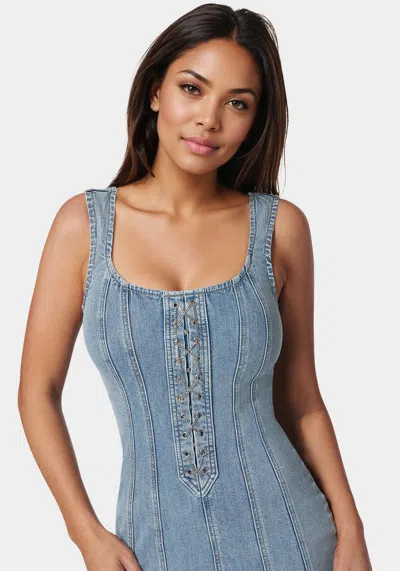Bebe Fitted Lace Up Denim Dress In Chiara Blue Wash