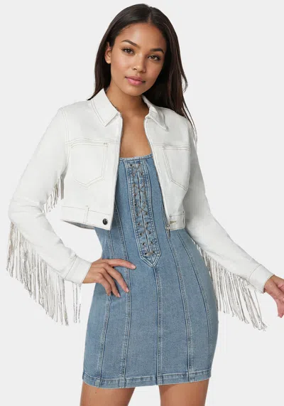 Bebe Sequin Fringe Denim Jacket In Soft White Wash