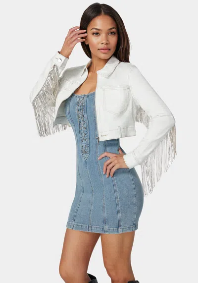 Bebe Sequin Fringe Denim Jacket In Soft White Wash