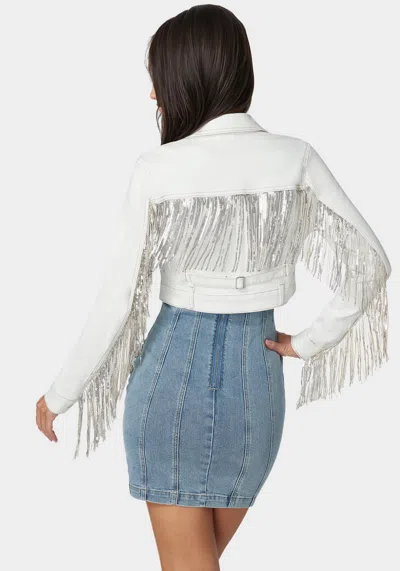 Bebe Sequin Fringe Denim Jacket In Soft White Wash