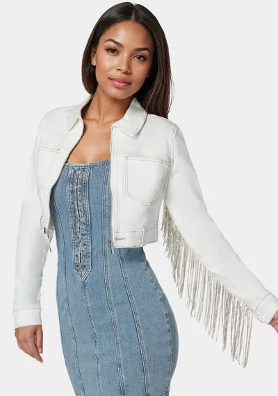 Bebe Sequin Fringe Denim Jacket In Soft White Wash