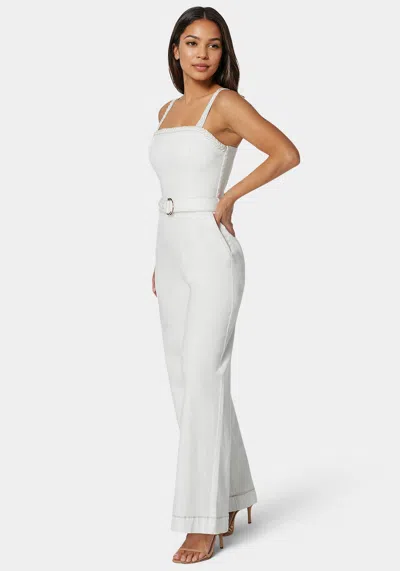 BEBE WHITE BRAIDED WIDE LEG DENIM JUMPSUIT 