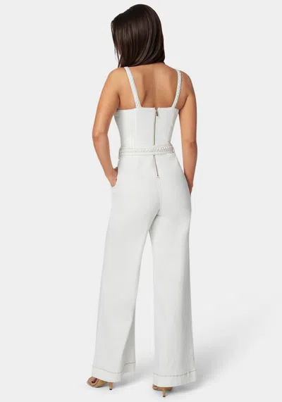 Bebe White Braided Wide Leg Denim Jumpsuit In Soft White Wash
