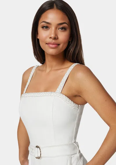 Bebe White Braided Wide Leg Denim Jumpsuit In Soft White Wash