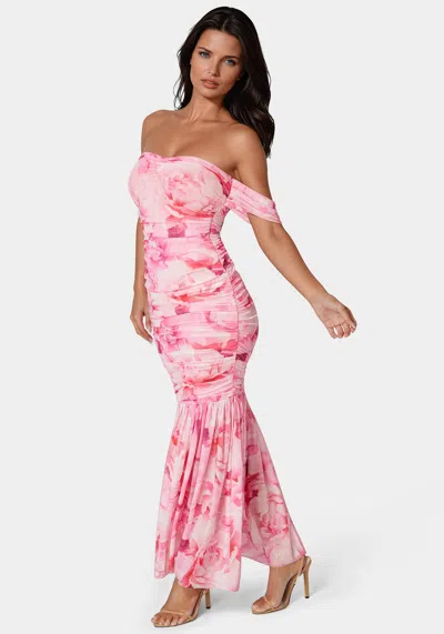 Bebe Off Shoulder Ruched Mesh Gown In Blurred Peony