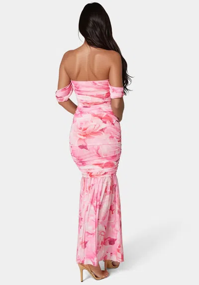 Bebe Off Shoulder Ruched Mesh Gown In Blurred Peony