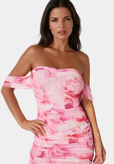 Bebe Off Shoulder Ruched Mesh Gown In Blurred Peony