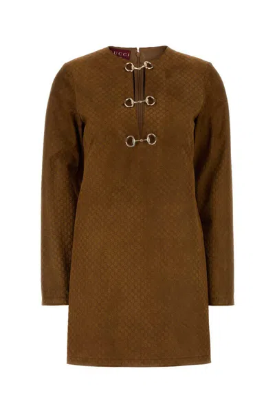 Gucci Brown Dress With Front Horsebit Details And All-over Gg Motif In Suede Woman In Brown