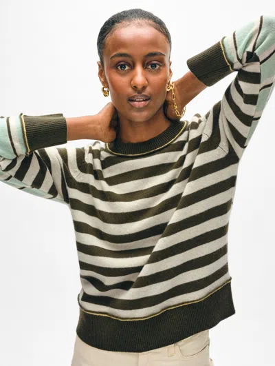 White + Warren Cashmere Mixed Stripe Crewneck Top In Green Combo In Green Combo