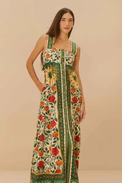 Farm Rio Active Sand Garden Tapestry Back Bow Maxi Dress In Garden Tapestry Sand