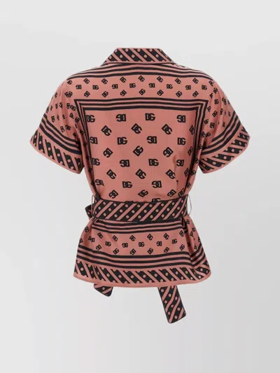 Dolce & Gabbana Silk Shirt With Waist Tie And Logo Pattern