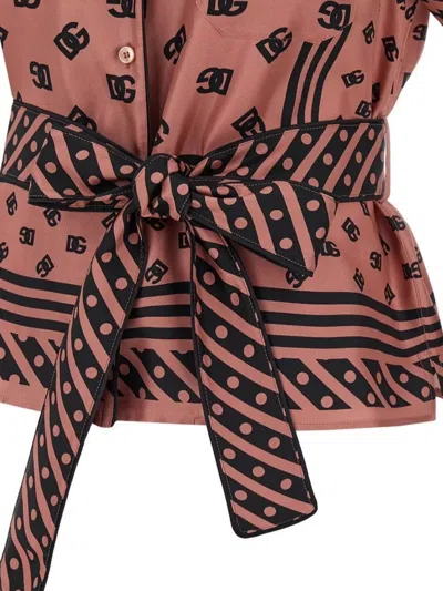 Dolce & Gabbana Silk Shirt With Waist Tie And Logo Pattern