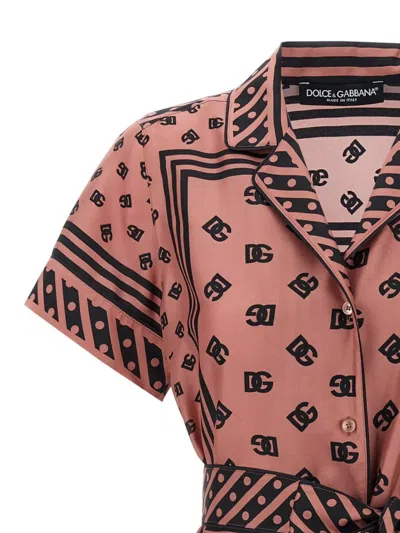Dolce & Gabbana Silk Shirt With Waist Tie And Logo Pattern