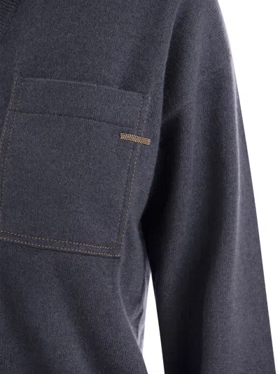 Brunello Cucinelli Cashmere Sweater With Pocket In Blue