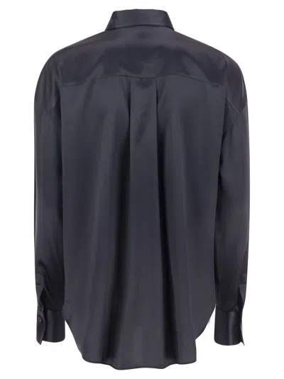 Brunello Cucinelli Stretch Silk Satin Shirt With Shiny Pockets In Blue