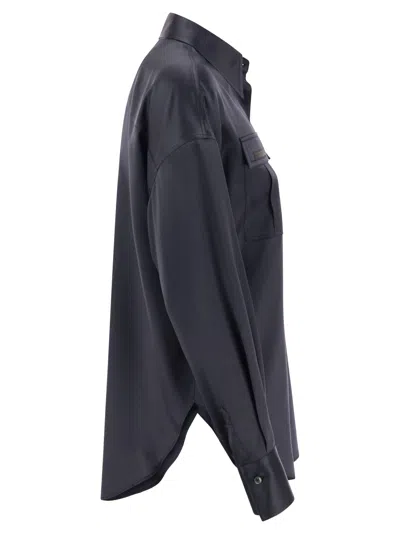 Brunello Cucinelli Stretch Silk Satin Shirt With Shiny Pockets In Blue