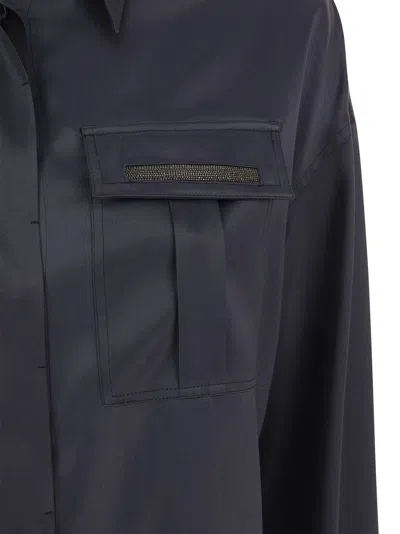 Brunello Cucinelli Stretch Silk Satin Shirt With Shiny Pockets In Blue
