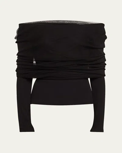 Christopher Esber Sonora Veiled Off-shoulder Tulle Top In Black