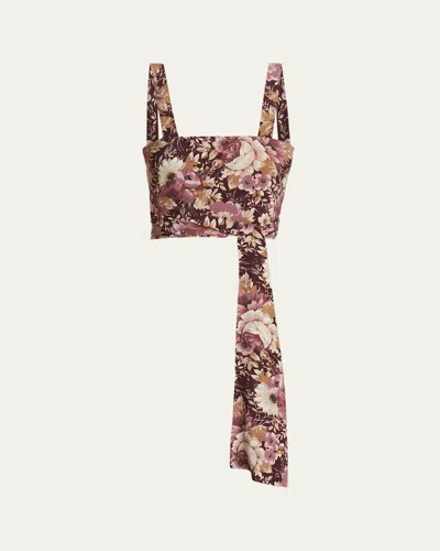 Chloé Rose Print Cropped Silk Top In Maroon Pink