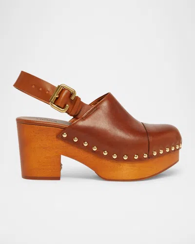 Chloé Chunky Heel Stud Embellishments Wooden Platform Pumps In Ginger Brown