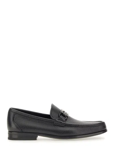 Ferragamo Gandioso Pebbled Moccasin With Gancini Ornament In Black Leather