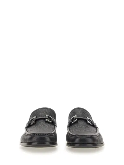 Ferragamo Gandioso Pebbled Moccasin With Gancini Ornament In Black Leather