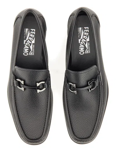 Ferragamo Gandioso Pebbled Moccasin With Gancini Ornament In Black Leather
