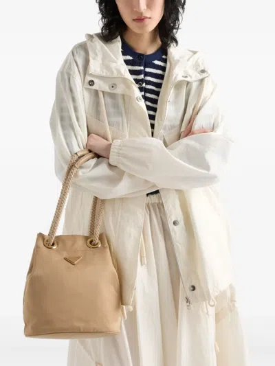 Prada Mariner Small Bucket Bag In Camel Renylon In Neutrals