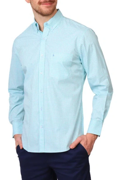 Tailorbyrd Micro Gingham Stretch Cotton Button-up Shirt In Seafoam
